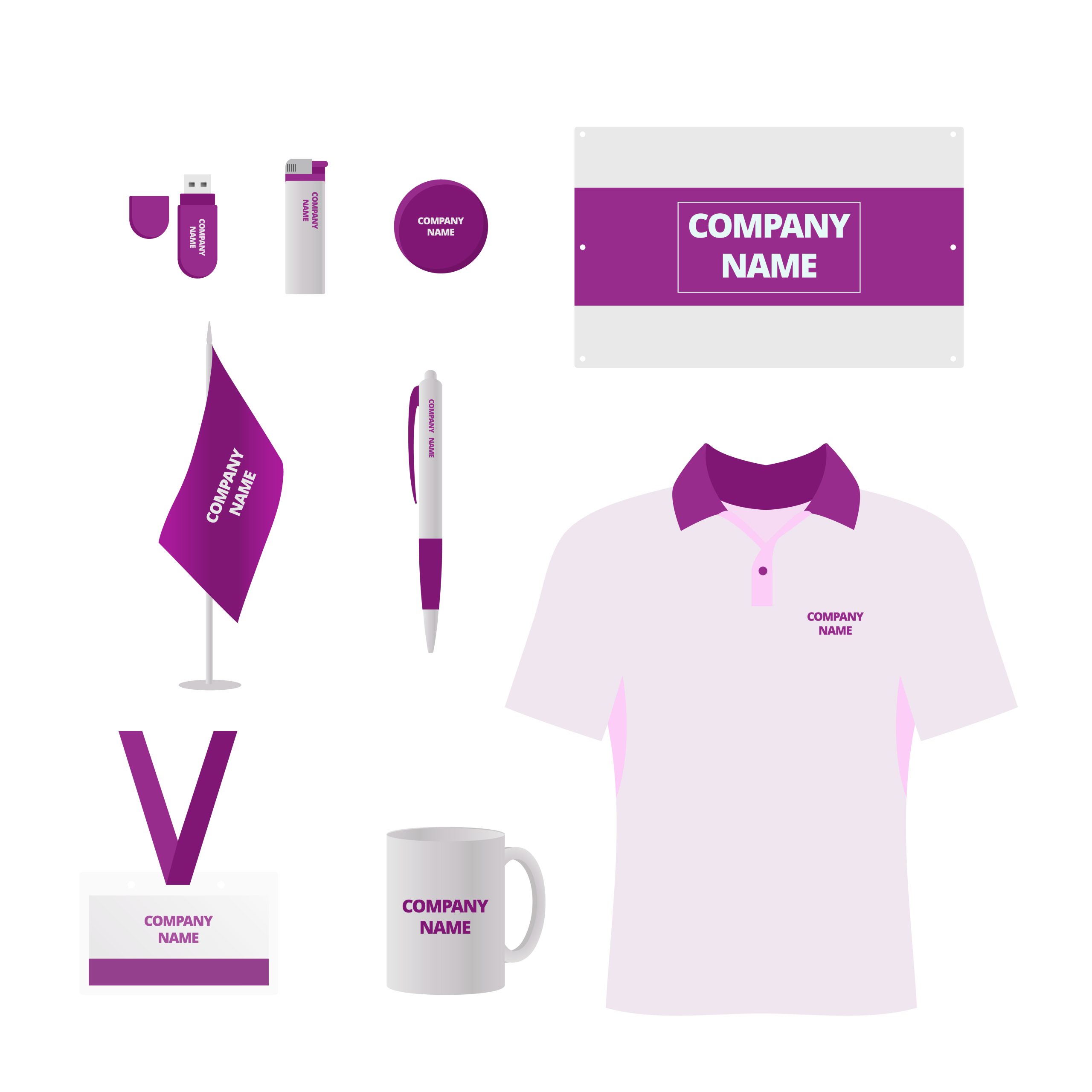 Branded souvenirs illustrations set. T shirt, id badge and mug, flash drive and lighter